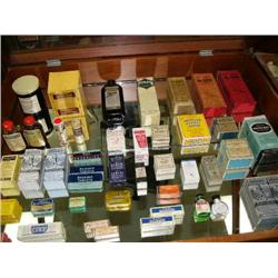 Lot of old medicinal boxes, bottles, tins, and jars: including- malt, Bella Donna ointment, Papes co