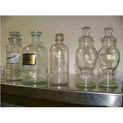 Lot of 5 old glass bottles with glass stoppers- 1 has a glass label (88)