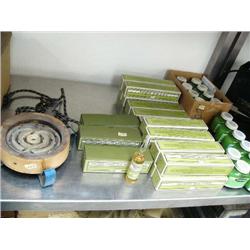 Lot of: old electric heater, boxes of sucrose, boxes of dextrose, 16 jars of Albatum (88)