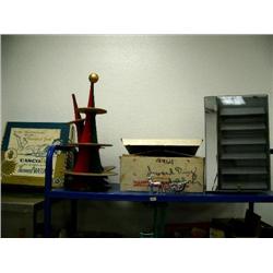 Lot of: old thermal massager, 2 wooden Christmas trees 23" tall, 1 Christmas tree stand, rotating di