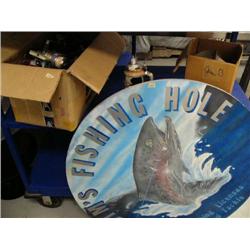 Lot of: case of rods and reels, Alaskan stein from 1960- broken, Jim's Fishing Hole painted circular