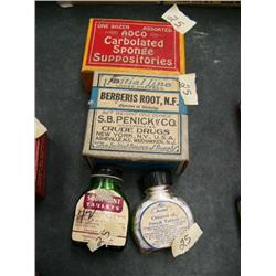 Lot of: old box of sponge suppositories, Berberis root, soda mint tablets, bottle of Potash tablets 