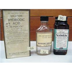 Lot of 3 items: old bottle of Nembudeine, Aphedrine with Seward Drug Company label, Solution of Hydr