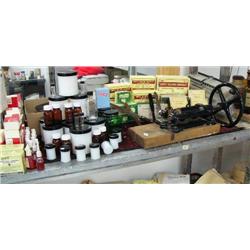 Lot of: Opal ointment jars 2"-3-1/2" tall, box of Shake Well stickers, old press for anal and vagina