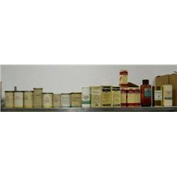 Lot of old medicinal cannisters, boxes, and 1 large bottle with cork: including- Calcium Carbonate, 