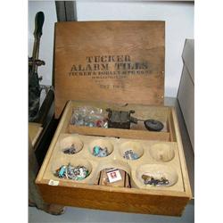 Old wooden alarmed till by Tucker & Dorsey Mfg. Corp., model 537F- with assorted keys, etc. (88)