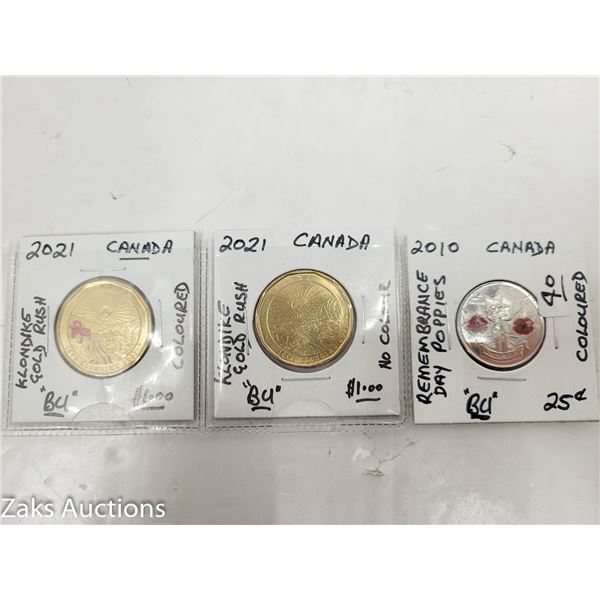 2021 CANADIAN $1.00 COIN KLONDIKE GOLD RUSH (1 COLOURIZED AND 1 NON-COLOURED) + UNC 2010 COLOURED PO