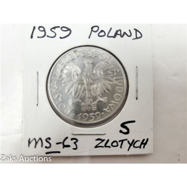 1959 POLAND 5 ZLOTYCH COIN MS63