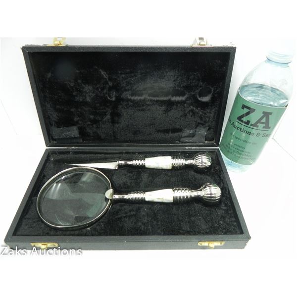 VTG ANTIQUE? MOTHER OF PEARL MAGNIFYING GLASS AND LETTER OPENER IN PROTECTIVE CASE