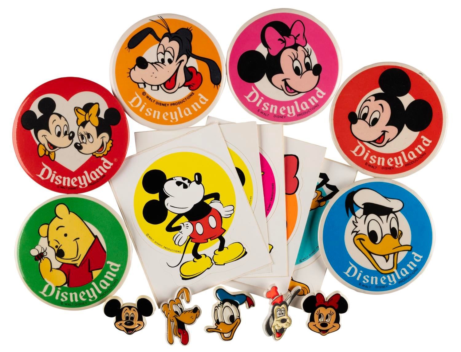 A Collection of Character Buttons, Pins, and Stickers.