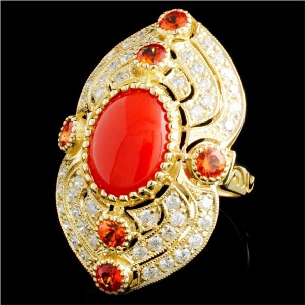 14K Gold Ring with 3.02ct Coral and 1.35ctw Diam
