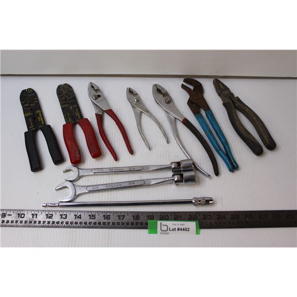 (2) Wire Crimpers, (3) Pilers, Wire Cutters, Adjustable Wrench, (2) Socket Wrenches, Antenna