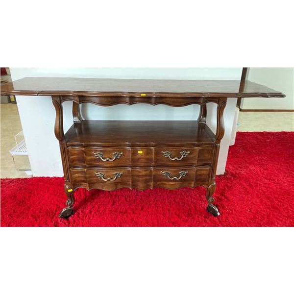 Mid 19th Century Solid Wood Thomasville Hand Crafted Drop-Leaf Table With Metal Castor Wheels