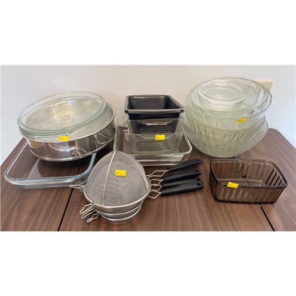 Assorted Collection Of Anchor Hocking Casserole Dishes, Glassware, Strainers & More