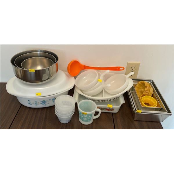 Vintage Retro Milk Glass, Glass Kitchenware, 4 Tier Cake Pans, Mixing Bowls & More