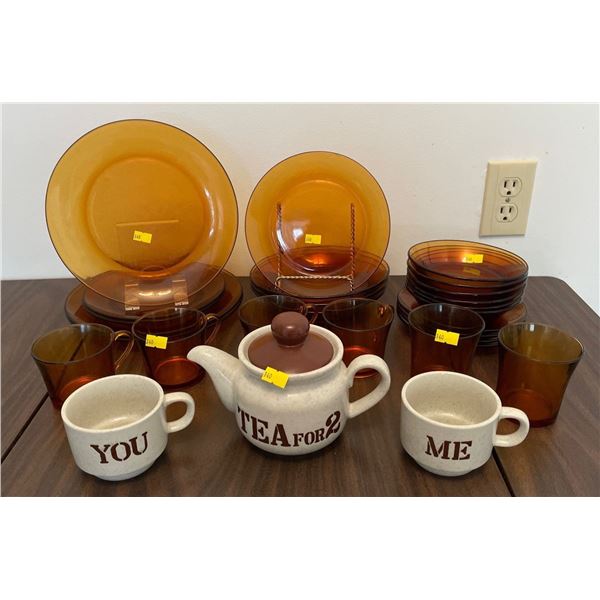 Assorted Collection Of Vintage Retro Amber Glassware & Tea For 2 Set