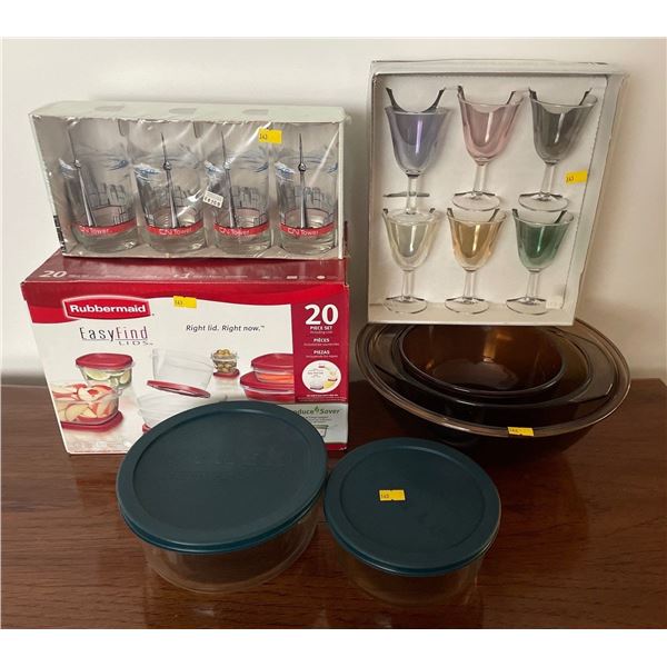 Assorted Brand New In Box Items - Glasses, Rubbermaid, & Gently Used Pyrex Glass Bowls