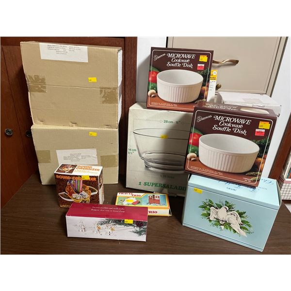 Assorted Collection Of Vintage Brand New Items Boxes - Salad Bowls, Cookware, Mystery Box & More