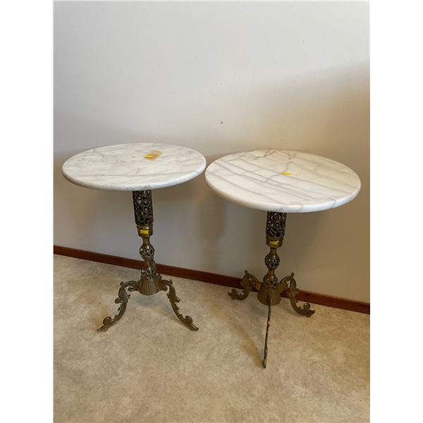 Matching Set Of Marble Top Side Tables With Metal/Brass 3 Legged Stands