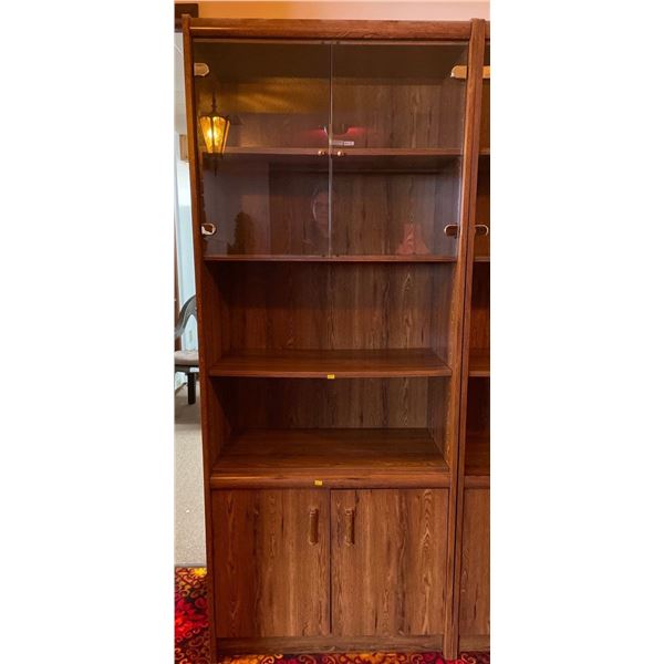 Brown Wood Book Shelf, Vintage Retro, With Glass Cabinet Doors 30.5Lx15.5Dx75H
