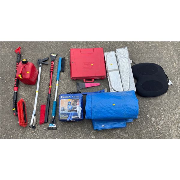 Assorted Collection Of Car Accessories - Jerry Can, Snow Brushes, Emergency Auto Kit & More