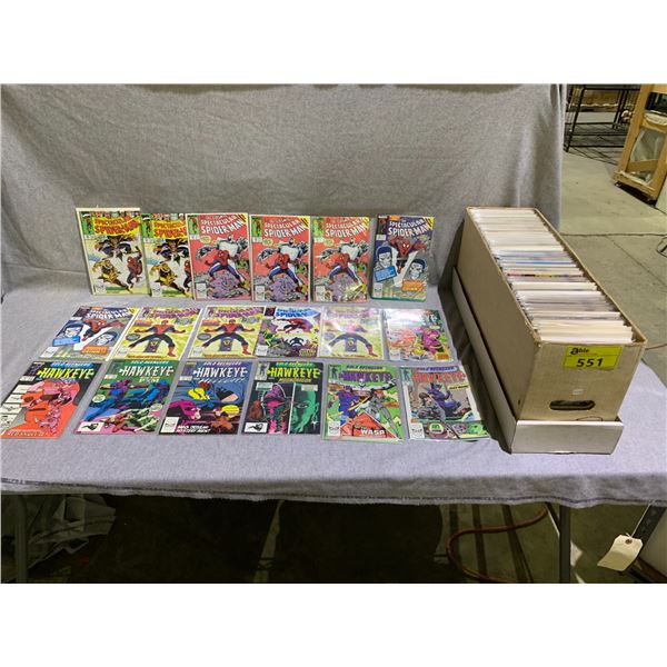 BOX OF COMIC BOOKS INCLUDING; SILVER SURFER, SHADOW MASTERS, HAWKEYE, SLEEPWALKER, SPIDER-MAN, AN...