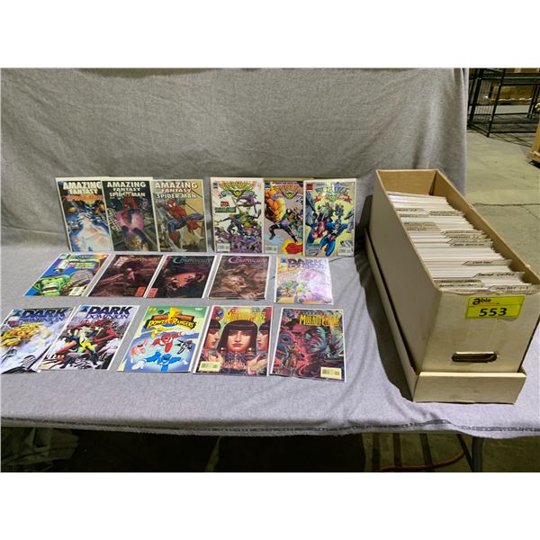 BOX OF COMIC BOOKS INCLUDING; AMAZING FANTASY SPIDER-MAN, MAN BAT, DR, CHAOS, RIOT GEAR, STAR MAN...