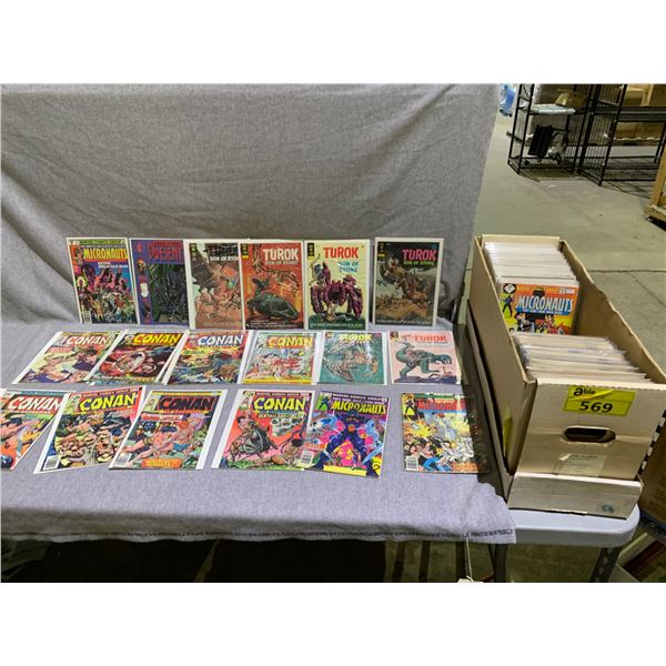 BOX OF COMIC BOOKS INCLUDING; SILVER SURFER, MICRONAUTS, ROM, SHOGUN WARRIRS, CONAN, TUROK SON OF...