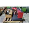 Image 1 : PALLET OF ASSORTED ITEMS INCLUDING; WOOD SHELVES, HAND SANITIZER DISPENSERS WITH STANDS & 2
