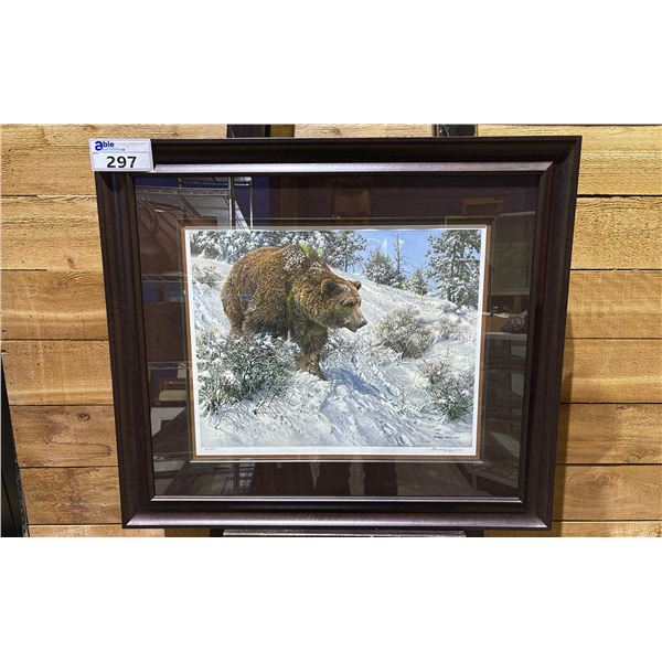 FRAMED LEP (122/950) BY JOHN SEEREY-LESTER TITLED  FIRST SNOW - GRIZZLY BEAR  32  X 27.5 