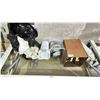 Image 1 : SHELF LOT OF ASSORTED ITEMS INCLUDING; PLASTIC PIPES, WOOD, ASSORTED CORDS, WEATHER STRIPING  AND