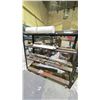 Image 1 : RACK OF ASSORTED ITEMS INCLUDING; FIRE AXE, WORK BENCH CLAMPS, ROLLS OF VINYL AND MORE