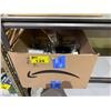 Image 1 : BOX OF ASSORTED ITEMS INCLUDING; POWER SUPPLIES. MINI REMOTES, TOILET PAPER HOLDERS & MORE