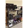 Image 1 : RACK OF ASSORTED ELECTRONICS INCLUDING; MONITORS, DESKTOP COMPUTER, SPEAKERS & MORE