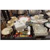 Image 2 : SHELF OF ASSORTED DISHWARE INCLUDING; MILK GLASS SUGAR BOOT, BONE CHINA, MIRRORED SERVING TRAY &