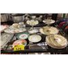 Image 3 : SHELF OF ASSORTED DISHWARE INCLUDING; MILK GLASS SUGAR BOOT, BONE CHINA, MIRRORED SERVING TRAY &