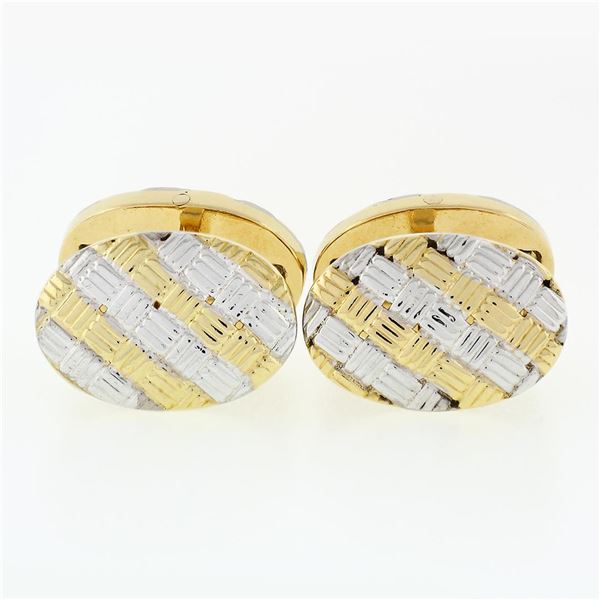 Vintage Men's 18k TT Gold Oval Woven Basket Weave Pattern Swivel Back Cuff Links