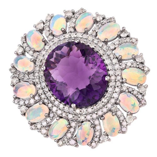 Amethyst Ring with Opal and Diamond-Framed Border