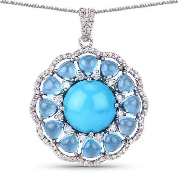 Turquoise, Blue Topaz, and Diamond Circle Necklace