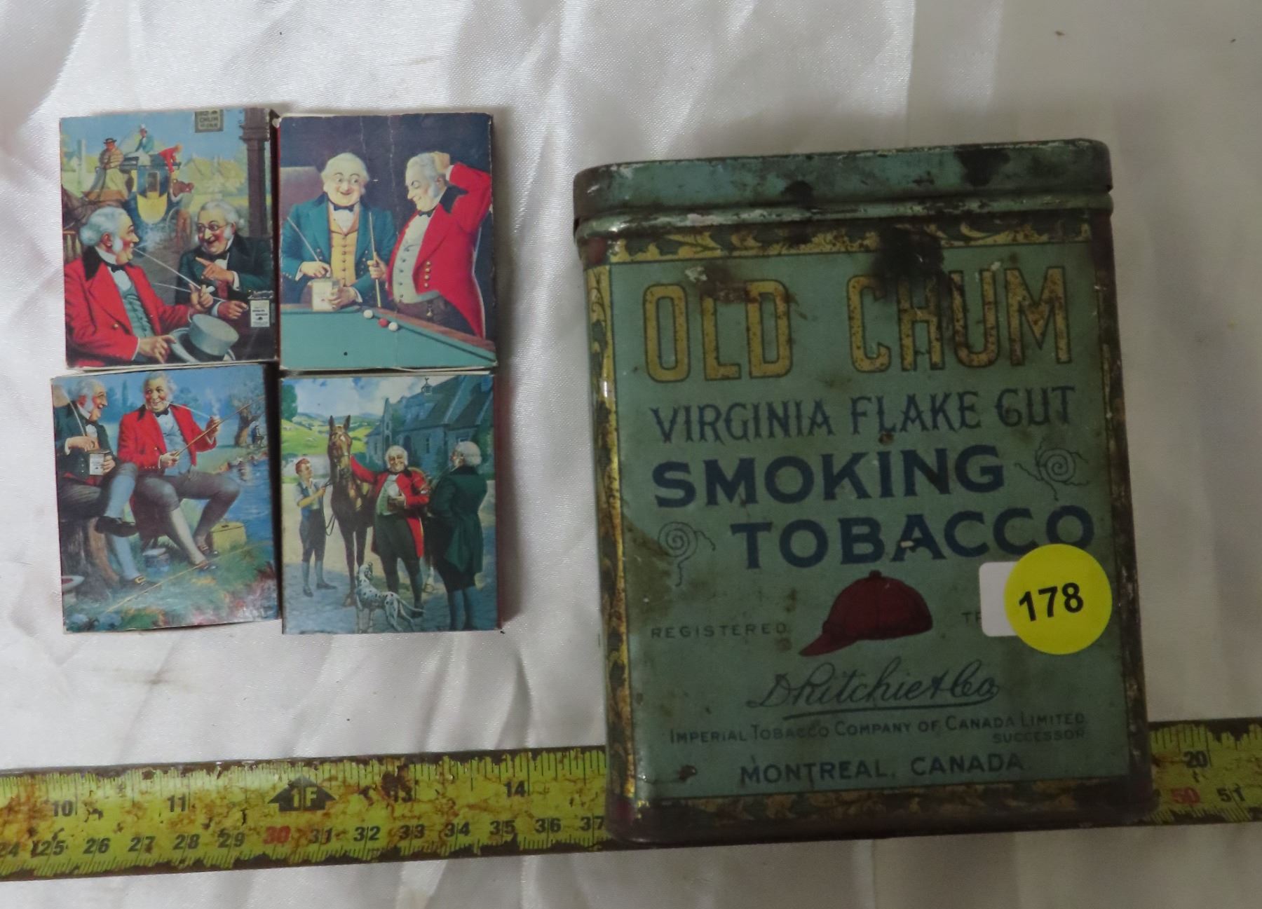 Old chum smoking tobacco- MTL. Tin w/4 old chum match cont. boxes ...