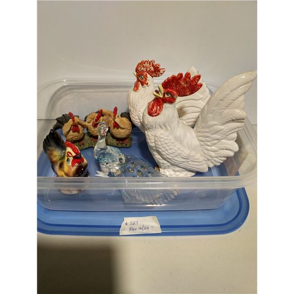 Chicken and bird ornaments in storage containers