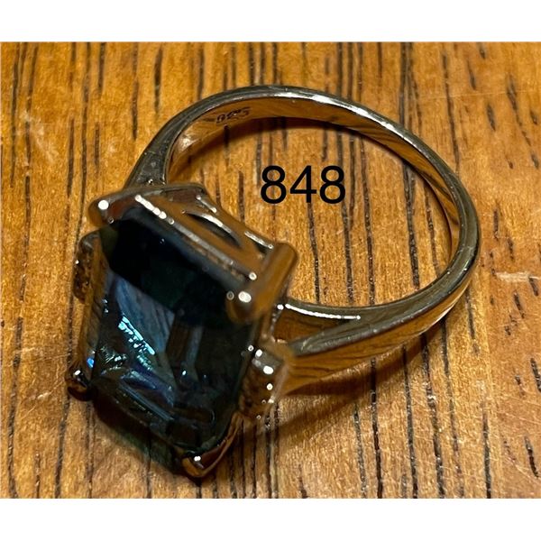 Beautiful silver, 925 marked, ring, with blue, ombré, center stone, and clear stones on each side