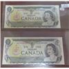 Image 1 : Lot of 2 Canadian 1973 $1 notes with Consecutive Serial Numbers. Lawson-Bouey signatures. AAS Prefix