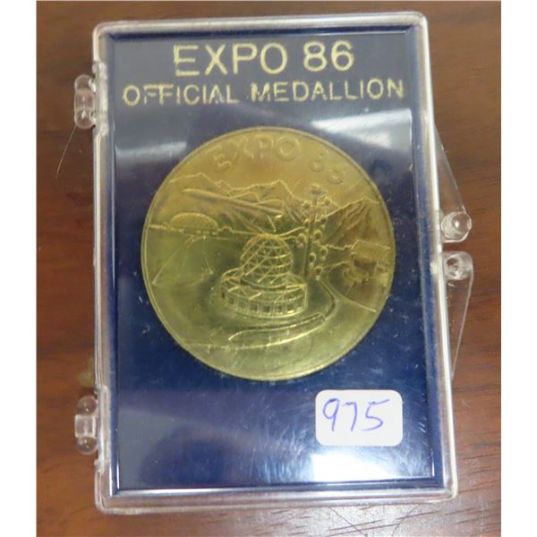 Expo 86 Official Medallion. Vancouver brass medal housed in its original plastic case.