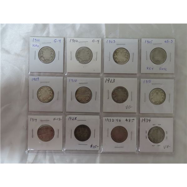 Lot of 12 Canadian Silver 25 Cents from Queen Victoria, King Edward VII & George V. Includes 1900, 1