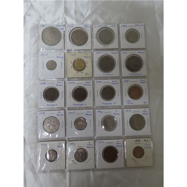 Lot of 20 British coins including Crown, Half Crown, 2 Shillings, Shilling, 6 Pence, 3 Pence, Pennie