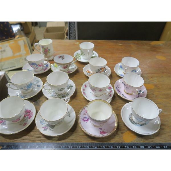 assorted bone China tea cups and saucers - English Castle, Queen Anne, Salisbury, etc.