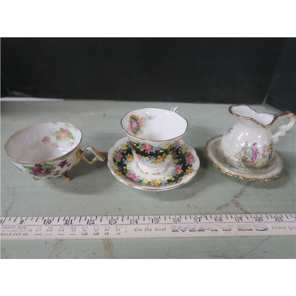 Shafford 3 footed tea cup, Royal Albert tea cup and saucer, and Japan creamer and saucer