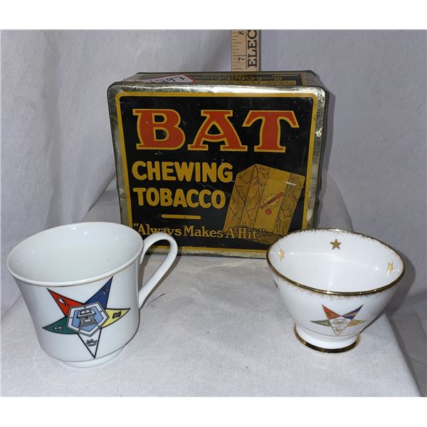 Vintage, Bat tobacco tin, and two Masonic cups