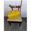 Image 1 : Vintage, walnut sewing chair, and plastic sewing tote, with contents